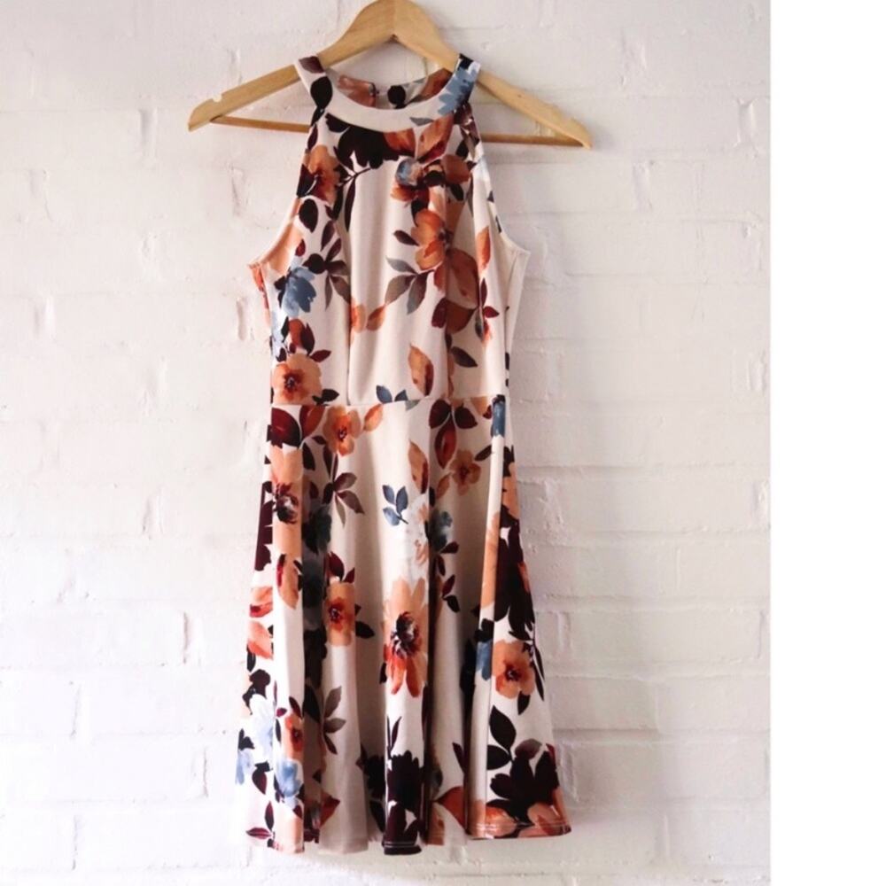 Beige Red Floral Mini Fit and A Line Dress NEW
